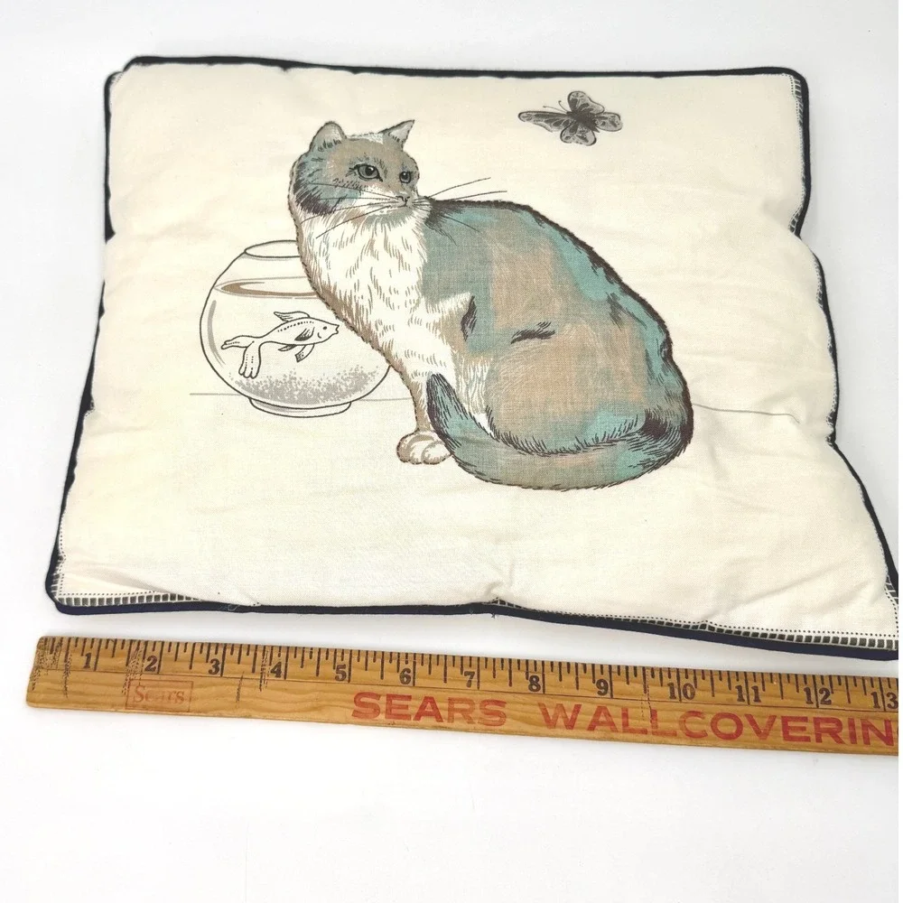 Vintage‎ Cat Fishbowl Butterfly Decorative Accent Pillow Cream